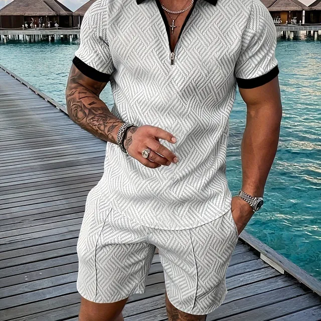 Mužský 2dílný sada - Ležérní košile s krátkým rukávem a límečkem a šortky na šňůrku