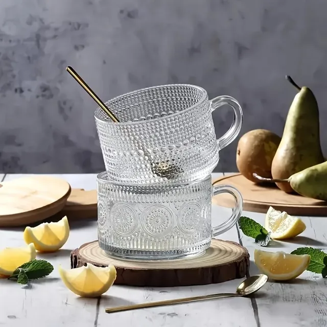 Elegant glass coffee mug with relief for stylish coffee, tea and other drinks