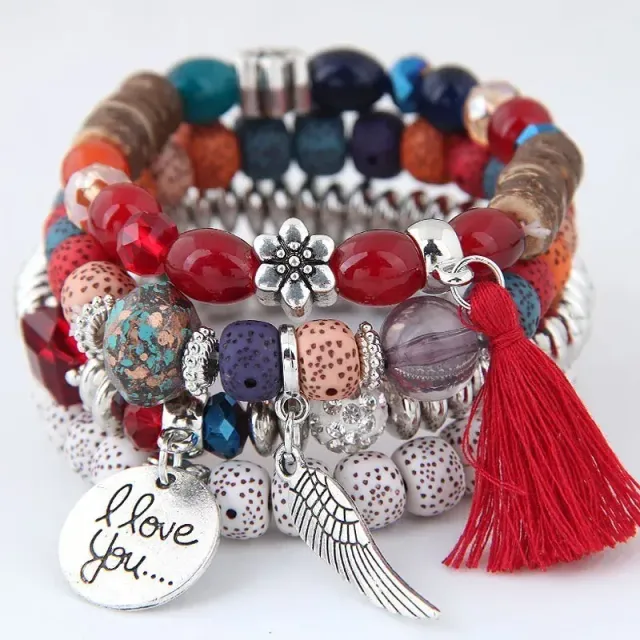 Czech multi-part boho bracelets with charms, beads and tassels for women