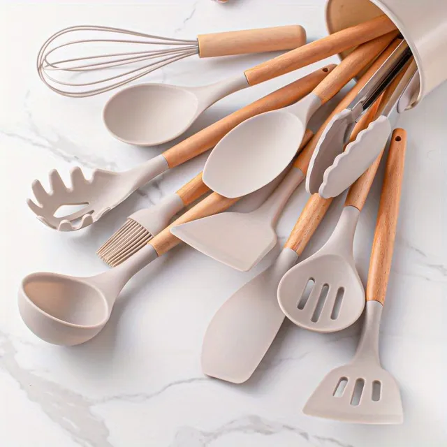 Ensemble de 12 pièces d'ustensiles en silicone, ensemble de cuisine kaki avec poignée en bois, ustensiles de cuisson sécurisés, ustensiles de cuisine avec surface antiadhésive, vaisselle moderne lavable, accessoires de cuisine, fournitures de cuisine, fournitures scolaires, retour à l'école