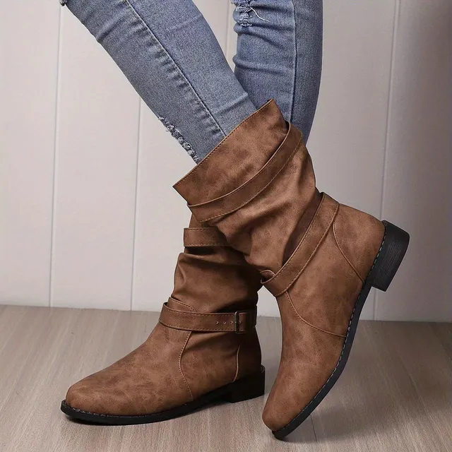 Women's retro western ankle boots without heel with wrapped buckle, necklace