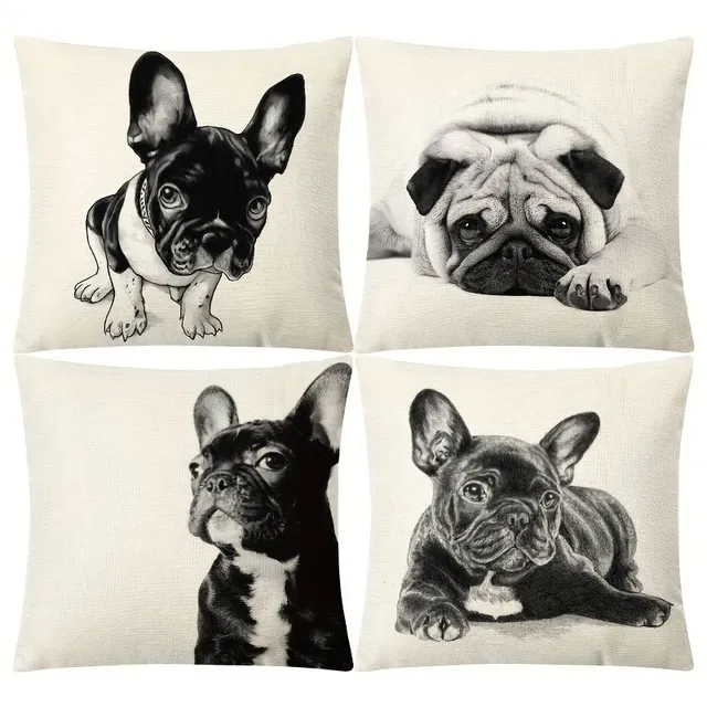 4pc Black and white pillowcase for dogs, pillowcase with digital printing from linen, pillowcase for Nordic simple sofa, no pillow core, to living room bed sofa sofa home decoration, 18" * 18"