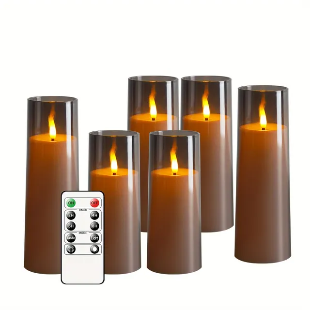 5pcs Flicker Flameless Candle, (H5,84cmxH12,7cm12,7cm15,24cm17,78cm20,32cm) With Remote Control and Timer, LED Candle For Christmas Halloween Wedding Decoration (grey)