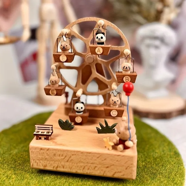 Wooden music box with moving carousel and pets