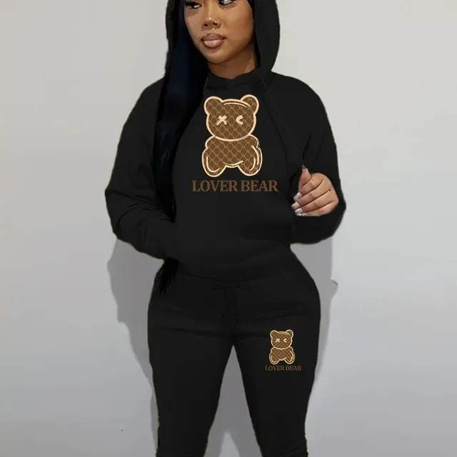 Ensemble pour femmes avec graphisme d'ours : sweat à capuche et pantalon de survêtement confortables