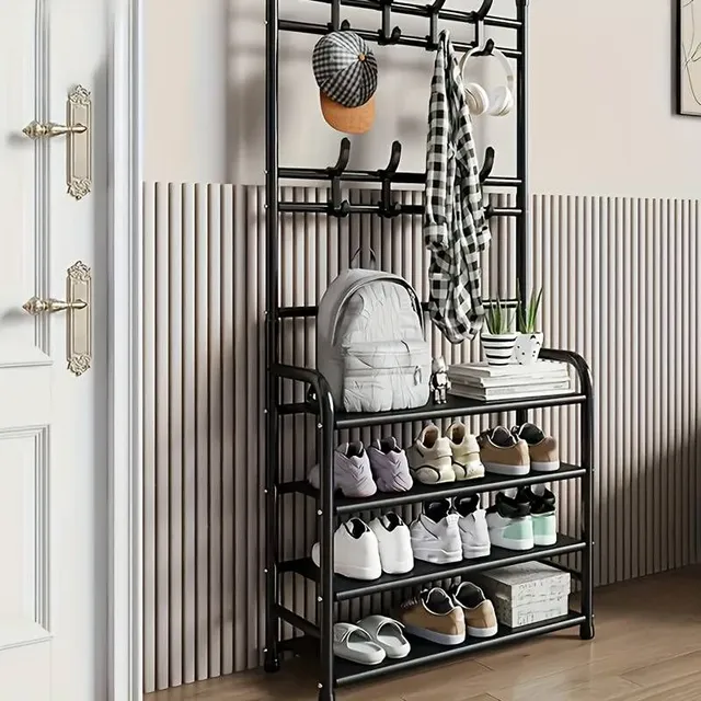Freestanding coat rack and shoe holder with 4/5 shelves and 8 double hooks - 60 cm © Hall, bathroom, hallway