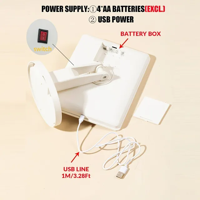 Rotary cosmetic mirror with 16 LEDs, battery power or USB