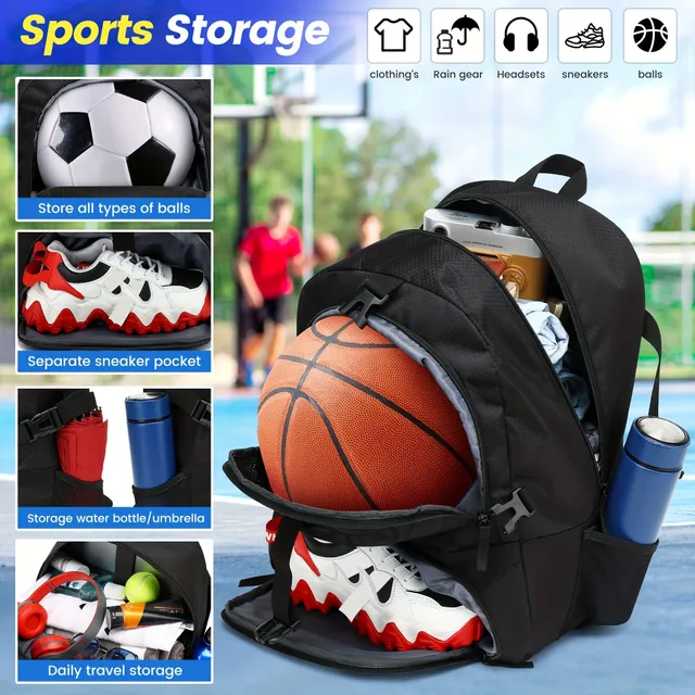 Universal sports backpack for youth and adults - Basketball, football, fitness, hiking, travel - with separate shoe space