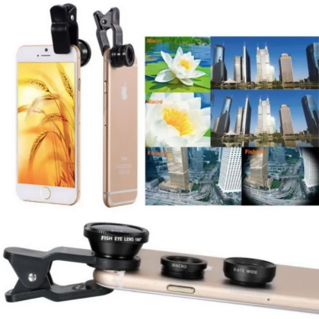 Universal lens set for mobile phones, fisheye lens + wide-angle lens + macro lens