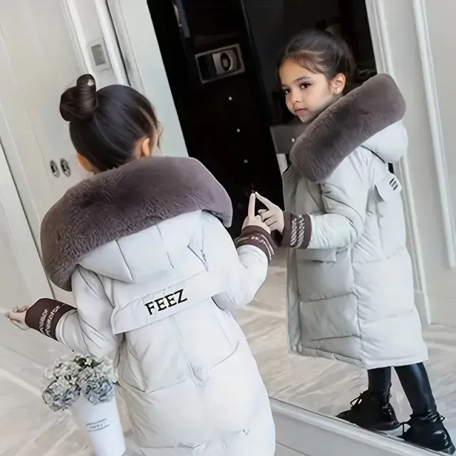 Girls Trendy Fluffy Collar Hooded Long Cotton Padded Jacket, Medium Length Kids Winter Clothing