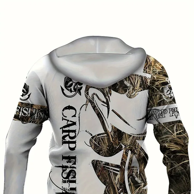 Men's casual sweatshirt with hood and 3D printing of a fishing pattern