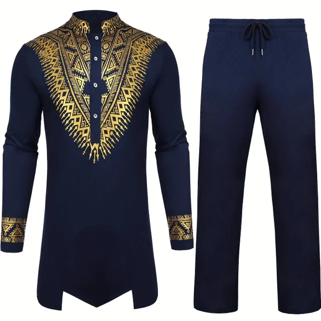 Male plus size African two-piece ensemble - metallic traditional suit with floral print, shirt Dashiki and trousers