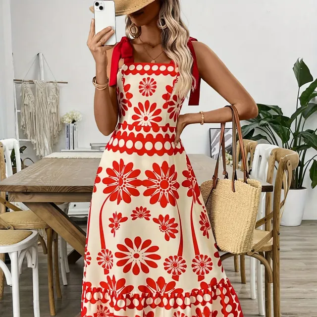 Summer maxi dress with ethnic print and tied shoulder