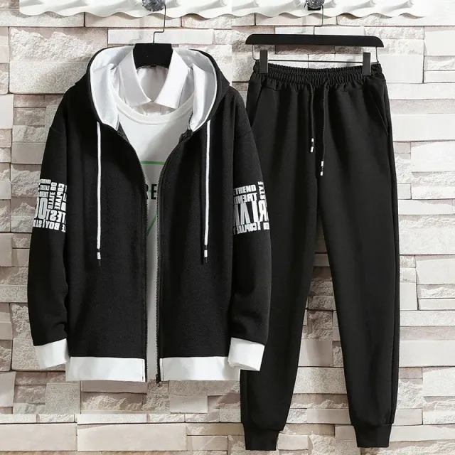 Men's two-piece sports tracksuit - zip-up sweatshirt with long sleeves, hood and comfortable sweatpants