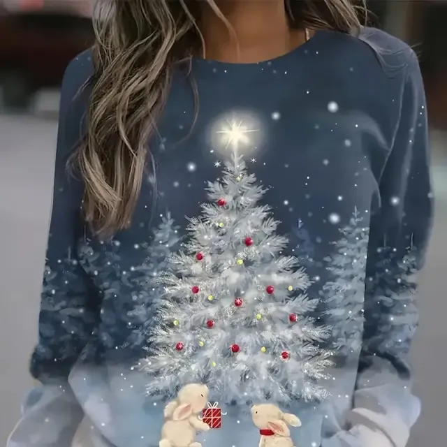 Women's Christmas sweater with tree printing, casual long sleeve, round neckline