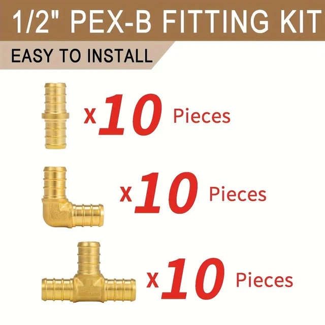 30ks PEX Fitinky 1/2 palca 10ks Direct Clutch, 10ks Knee, 10ks Tee Neolovnaté Brass, Krimping PEX-B (ASTM F1807) Konektor Fit 1/2 palca PEX-A/B/C Tube