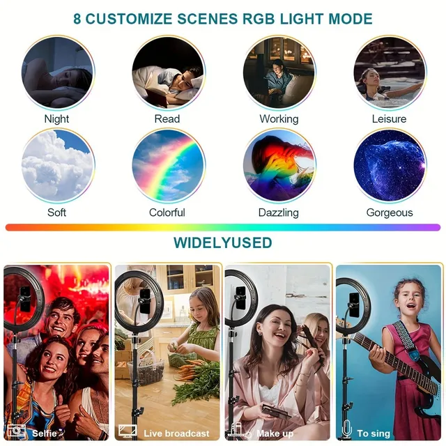 Ringlight pre selfies a tvorbu (25,4 cm) s nastaviteľným RGB LED svetlom, statívom a telefónnym držiakom