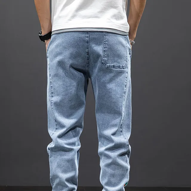 Men's denim joggers with pockets, comfortable string cotton pants for leisure and outdoor activities