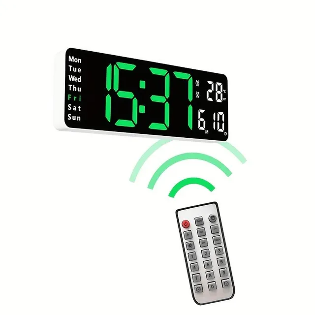 Modern Wall clock with remote control, large digital display, temperature and data display - for stylish home