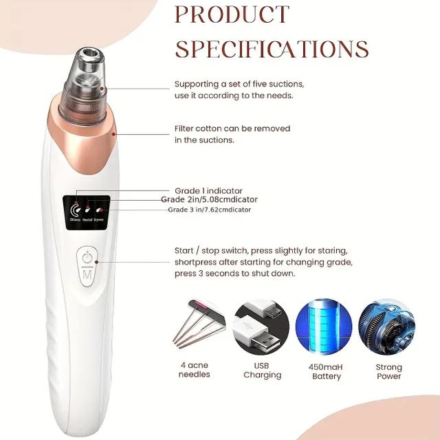 Vacuum pore cleaner - Removing black dots, 5 degrees of force, 5 extensions, USB recharge (For adults)