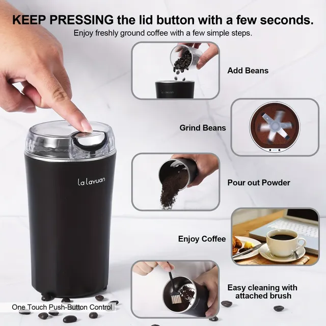 Râșniță electrică de cafea, robot de bucătărie, mixer de alimente, râșniță electrică puternică de 200W pentru condimente, râșniță de cereale, râșniță de cafea espresso pentru condimente, nuci, control cu un singur buton cu perie, linguriță de cafea, 2 lame
