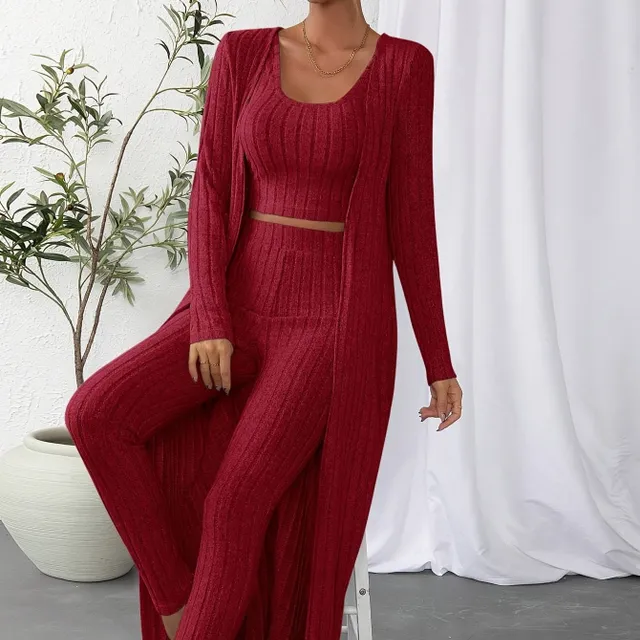 Women's 3-piece ribbed set: shortened top, cardigan with long sleeve and trousers with high waist