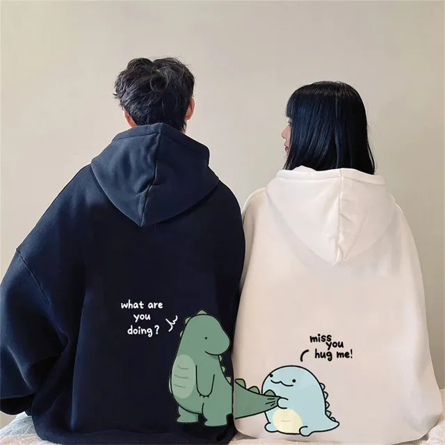 Sweat à capuche unisexe pour couples avec poche kangourou et mignon imprimé Dino - 2 couleurs