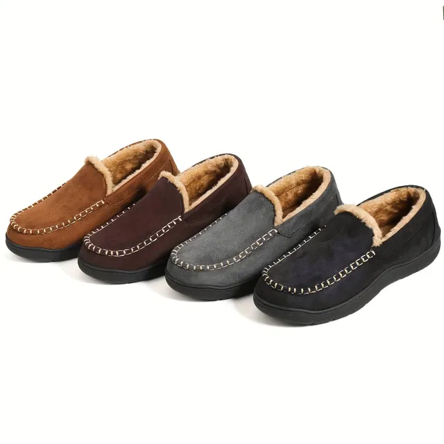 Men's comfortable Venetian loafers with memory foam and warm fleece - non-slip home shoes