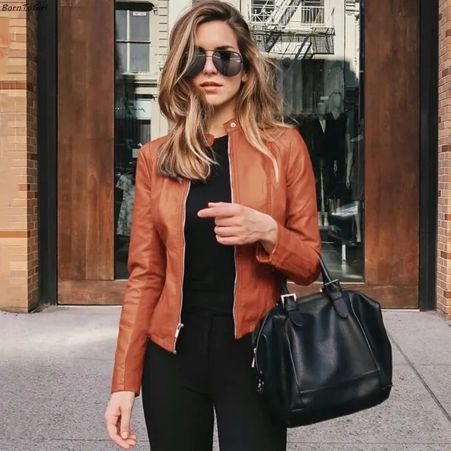 Women's elegant waist leather jacket