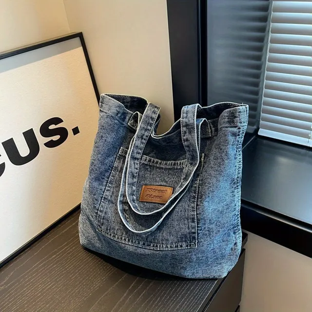 Geantă de pânză cu capacitate mare, tip crossbody din denim