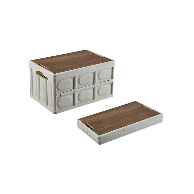 Folding camping box with wooden lid