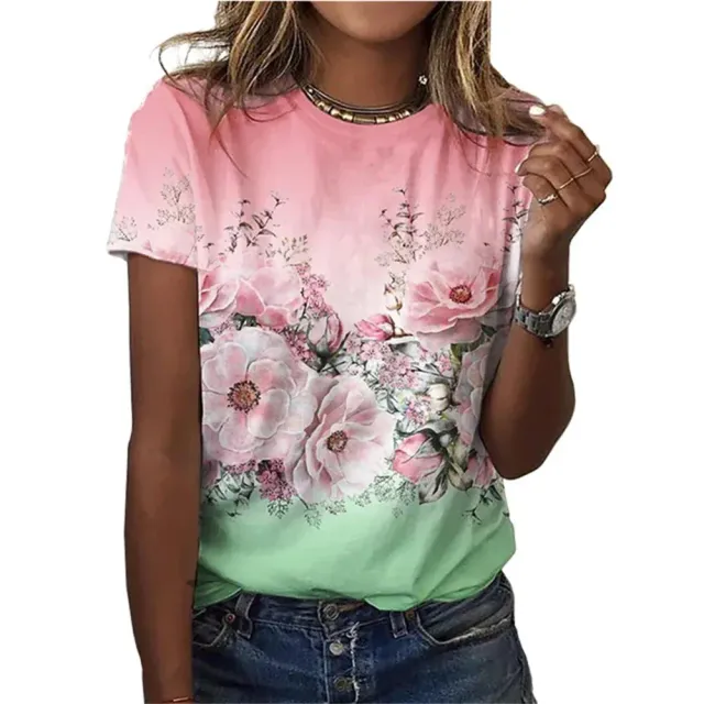 Short sleeve T-shirt with plant and flower print, O-neck and loose fit for women