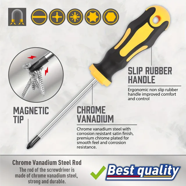 Profesionálna sada magnetických skrutkovačov s puzdrom: Chromed vanadi steel, Štěrbino, cross, hexagonal, TORX bity, Presné skrutkovače, Odolné náradie