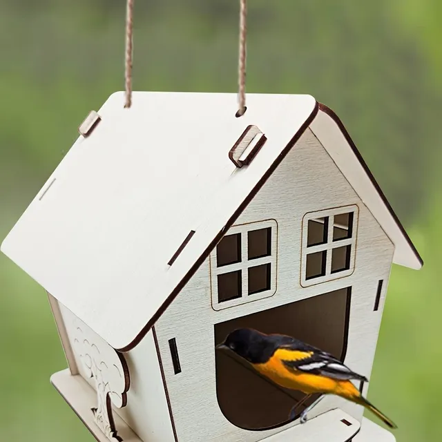 Bird feeder made of wood with a bed and a tray, suitable for outdoor garden