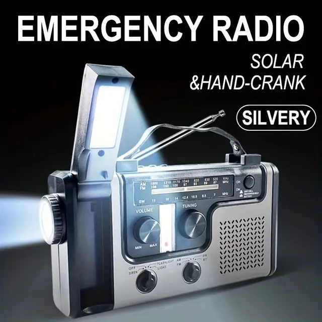 Emergency radio with click charging and solar panel, AM/FM/KV multifunctional, with LED lamp, reading lamp, alarm clock and mobile phone charging function.
