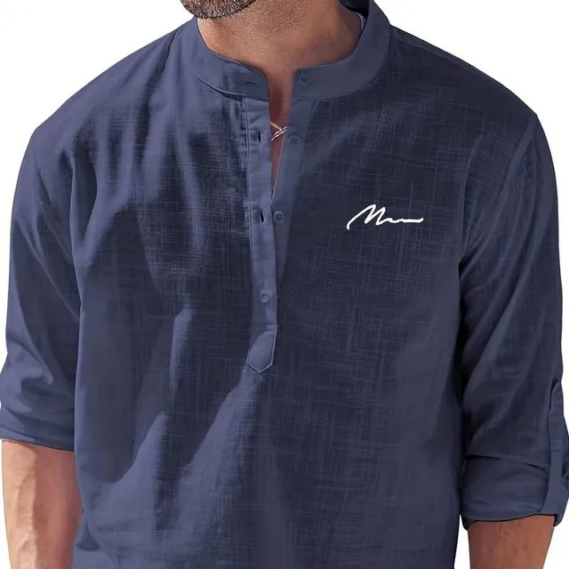 Pánske dlhé rukávy Retro Henley Cotton Len oblečenie pre pláž, Festivaly, Party Shirt s V-neck - jednofarebné tričko