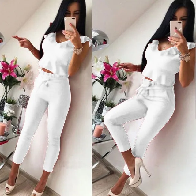 Ladies summer elegant set Priscila - trousers, top white l