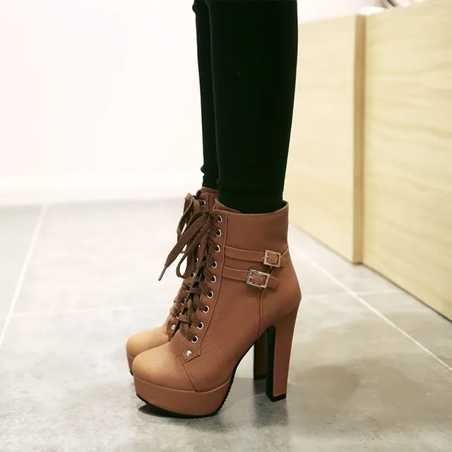 Women's ankle boots on block heel with lace, single color, fashionable and comfortable