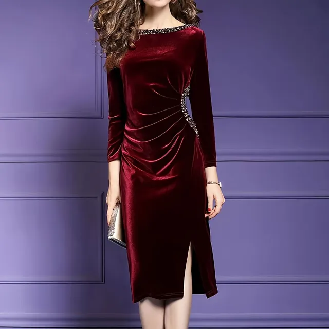 Velvet dress with contrasting trim, heel neckline, long sleeves, slitting and cuffing - elegant dress on the figure