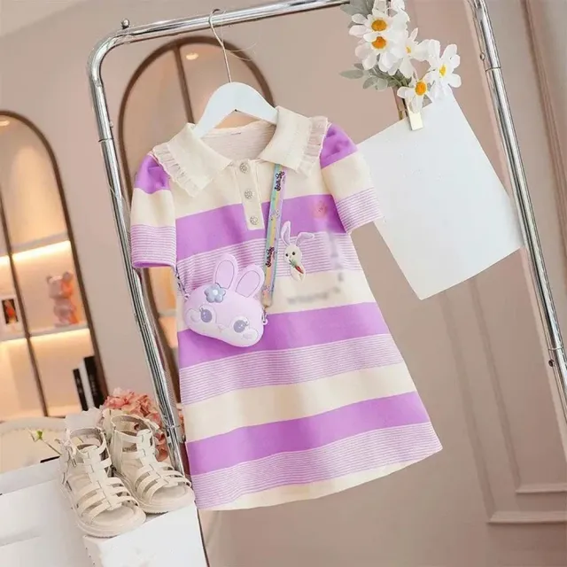 Letní dětské šaty pro holčičky s krátkým rukávem, límečkem, knoflíky a v pruhovaném designu