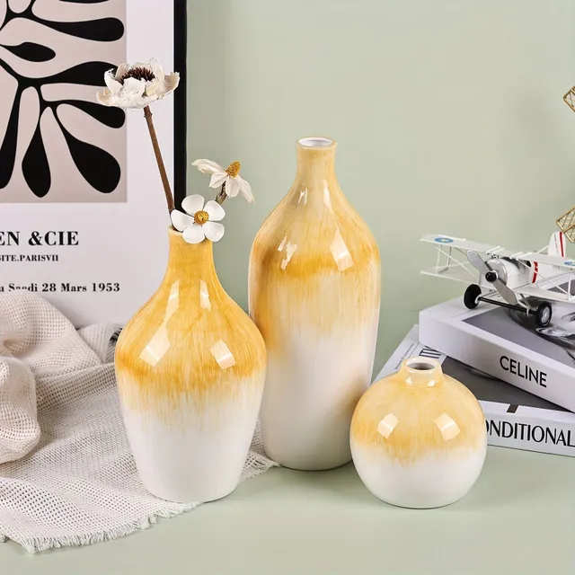 Set de 3 vase de flori ceramice cu glazură de tranziție - Potrivit pentru cină de nuntă, petrecere pe masă, cameră de zi, birou, dormitor, amenajare estetică a camerei, decorațiuni interioare, decorațiuni de primăvară, cadou decorativ pentru Anul Nou