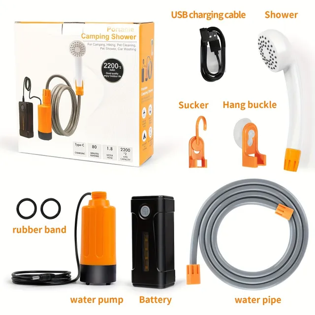 Portable shower pump with removable USB rechargeable batteries, portable outdoor shower head - pumps water from bucket to steady position, suitable for camping, traveling