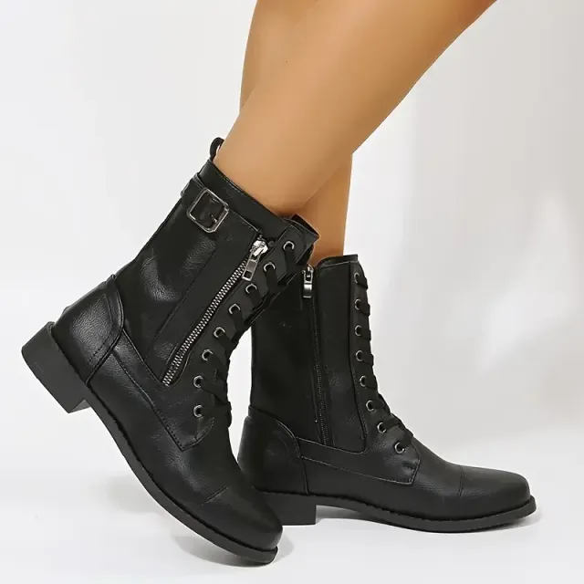 Women's motorcycle shoes with round tip and side zipper - stylish, laced, anti-slip medium-high boots in autumn and winter