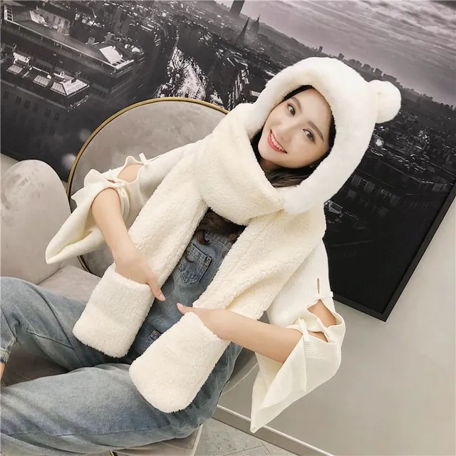 Women's winter scarf with hood and gloves