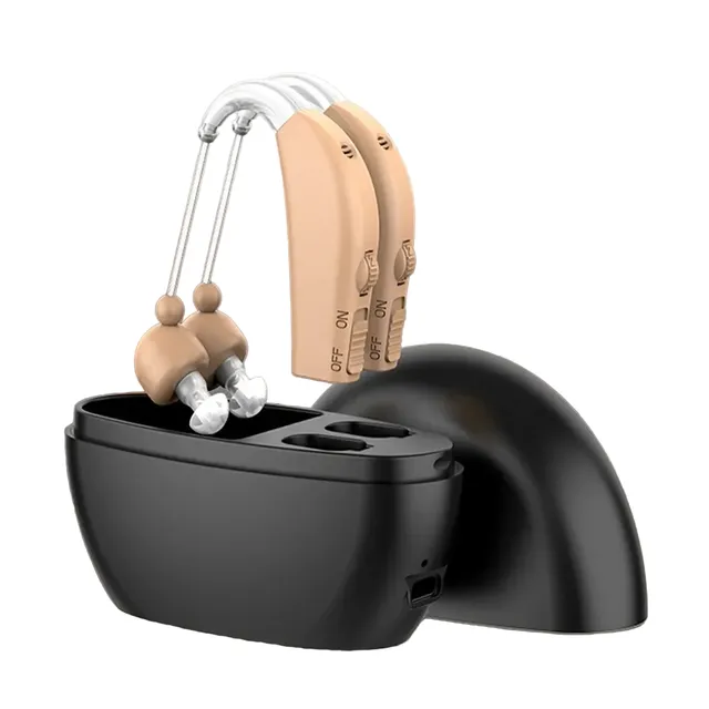 Digital hearing aid Portable sound amplifier Wireless hearing aid with black cover and spare earplugs Compact