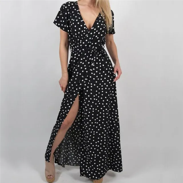 Ladies summer polka dot long boho dress with short sleeves and slit