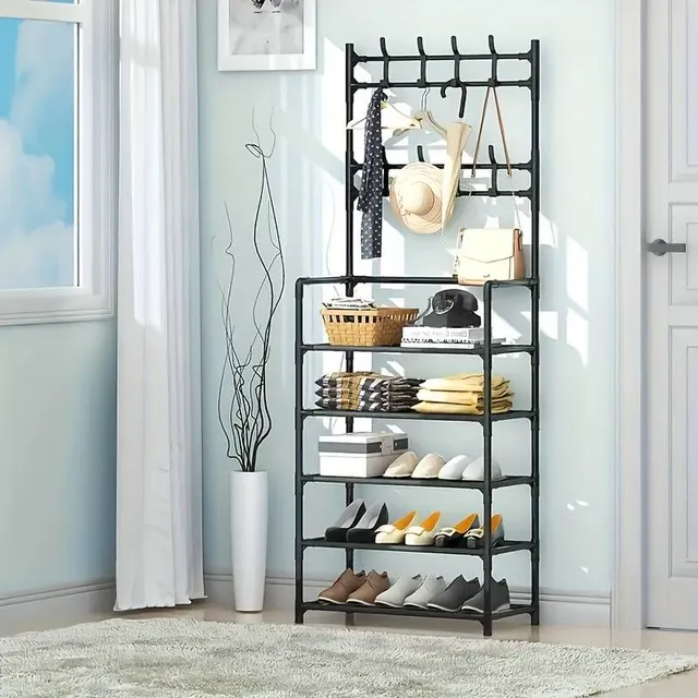 Freestanding coat rack and shoe holder with 4/5 shelves and 8 double hooks - 60 cm © Hall, bathroom, hallway