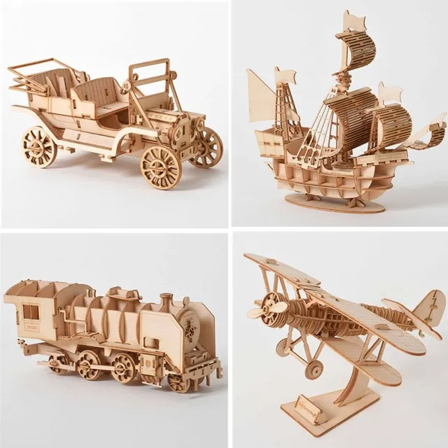 Drevené 3D vzdelávacie puzzle - model lietadla, vláčika alebo lode