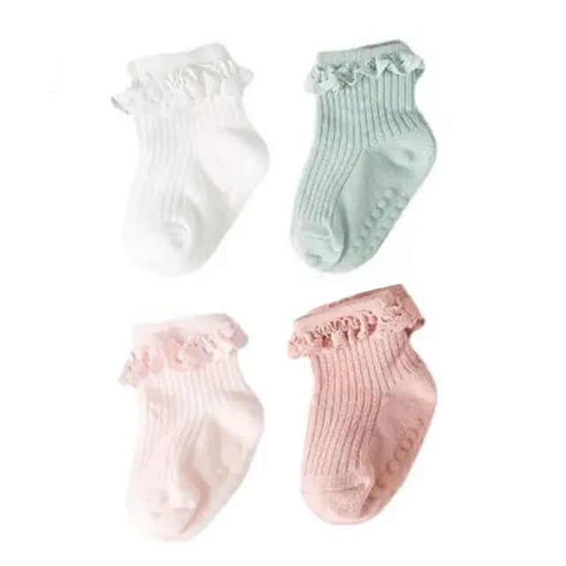 Detské bavlnené protišmykové ponožky na jeseň a v zime s detskými a batoľacími volánikmi, 4 páry