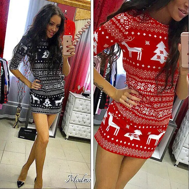 Christmas mini dress with reindeer and tree pattern